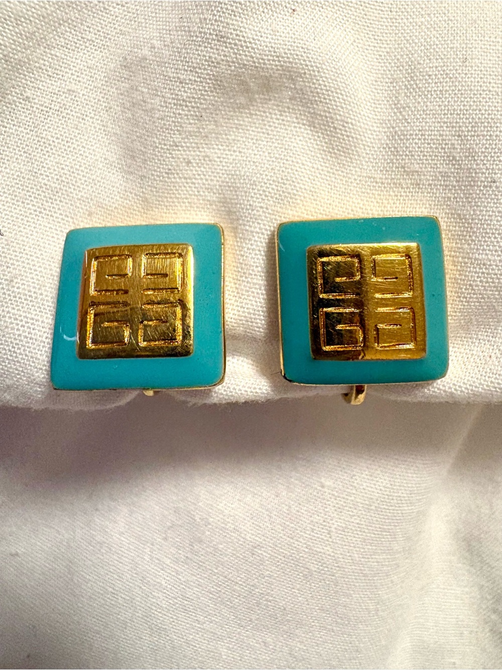 Givenchy Vintage Earrings Turquoise Blue & Gold Tone Clips signed 1981